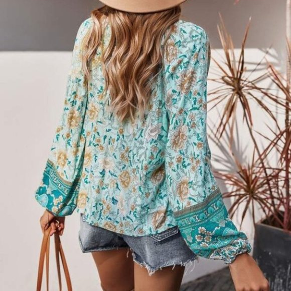 Boho Gypsy Floral Print Blouse Top teal - Picture 3 of 8